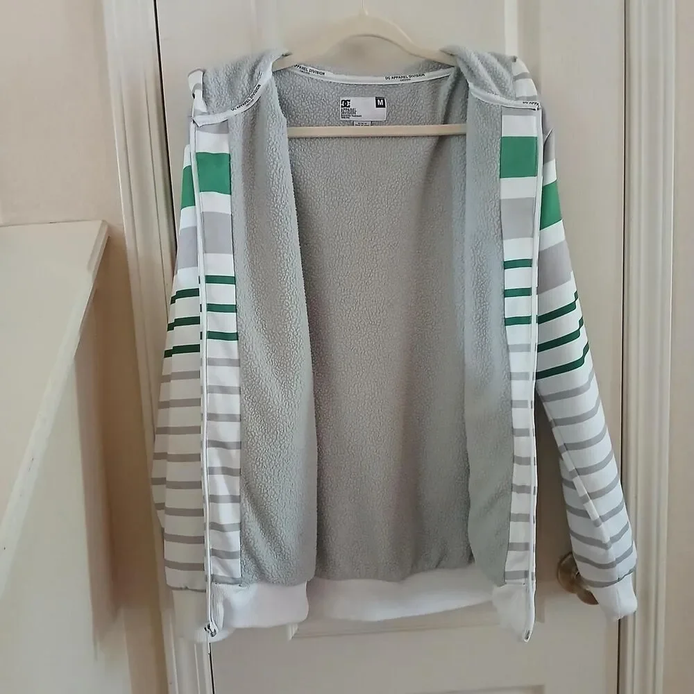 Y2K Vintage DC Shoes Full Zip Sherpa Lined White/Green/Gray Striped Hoodie M